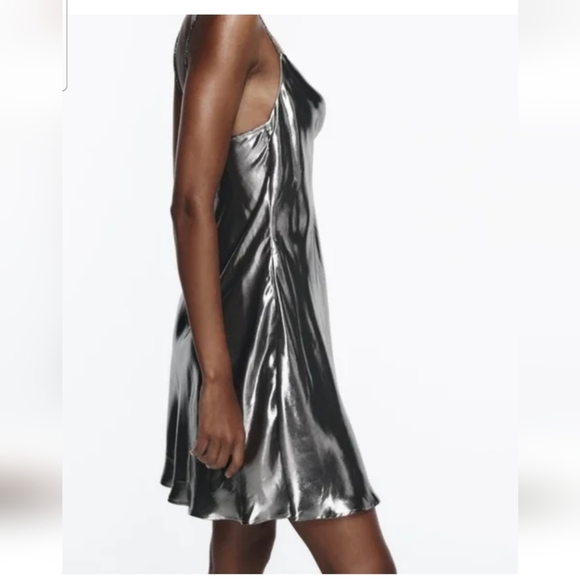 ZARA Metallic Liquid Silver Cowl Neck Slip Mini Dress –Size XS - Picture 3 of 13
